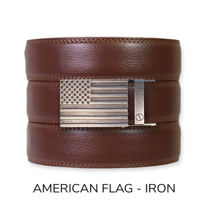 Tough Apparel - Chestnut Leather Ratchet Belt & Buckle Set: Traditional Bronze