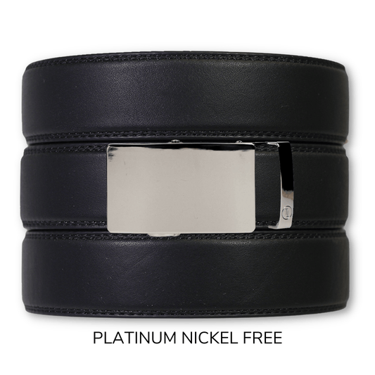 Tough Apparel Tough Apparel - EDC Black Leather Gun Ratchet Belt & Buckle Set: Nickel-Free Platinum / Pant Size 60 or Smaller