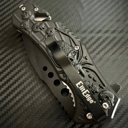 bladedeal usa - ElitEdge 8.5” Black Spider Tactical Spring Assisted Open Blade Folding Pocket Knife Cool Knife Cute Knife Hunting Knife