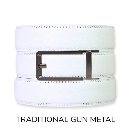 Tough Apparel Tough Apparel - White Leather Ratchet Belt & Buckle Set: Traditional Gun Metal