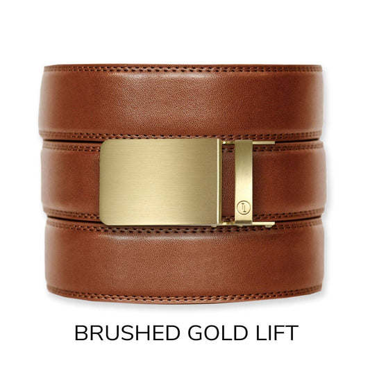 Tough Apparel Tough Apparel - Cognac Leather Ratchet Belt & Buckle Set: Brushed Gold / XL (Pant size 60 and below)