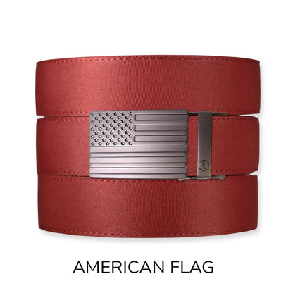 Tough Apparel - Brick Red Canvas+ Ratchet Belt & Buckle Set: American Flag - Gun Metal