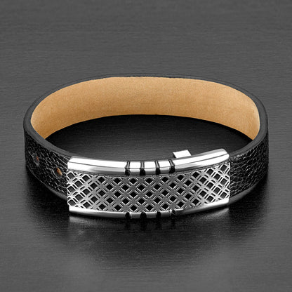 Lattice Buckle Clasp Black Leather Bracelet