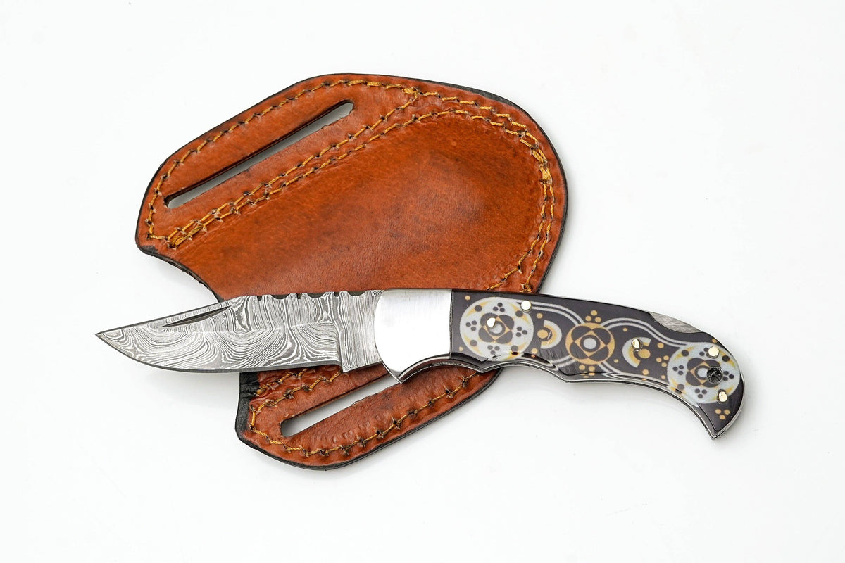 Hand-Forged Damascus Drop Point Folding Knife | Black & Gold