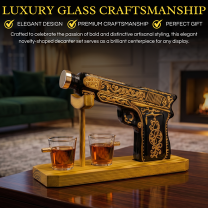 Glass Hand Painted Pistol Gun Decanter & Shot Glasses Set