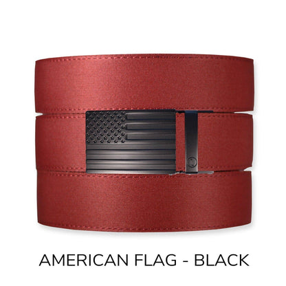 Tough Apparel - Brick Red Canvas+ Ratchet Belt & Buckle Set: American Flag - Gun Metal