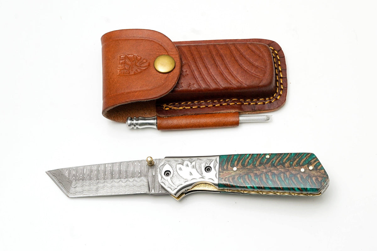 Titan International - Damascus Steel Tanto Folding Knife | Engraved Bolster