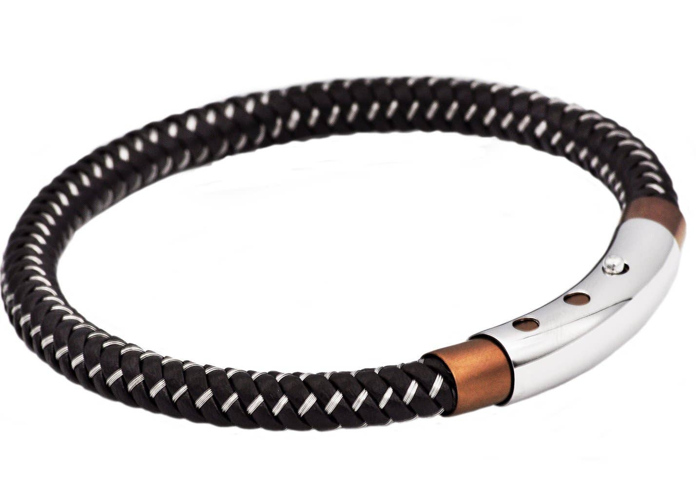 Blackjack Mens Jewelry - Men's Brown Leather And Chocolate Stainless Steel Bracelet