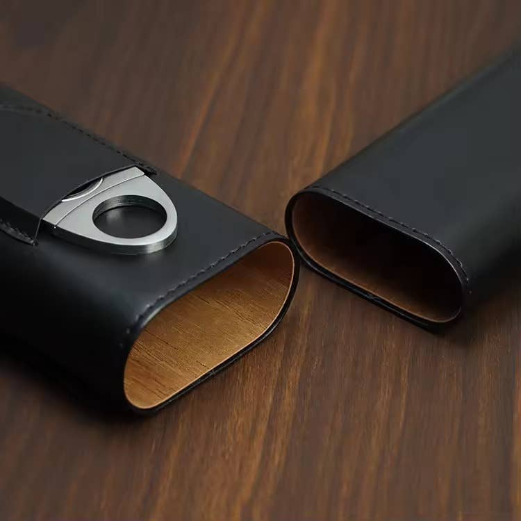 American Leather Goods American Leather Goods - Genuine Leather Cigar Case, Wood Lined Humidor with Cutter: Black