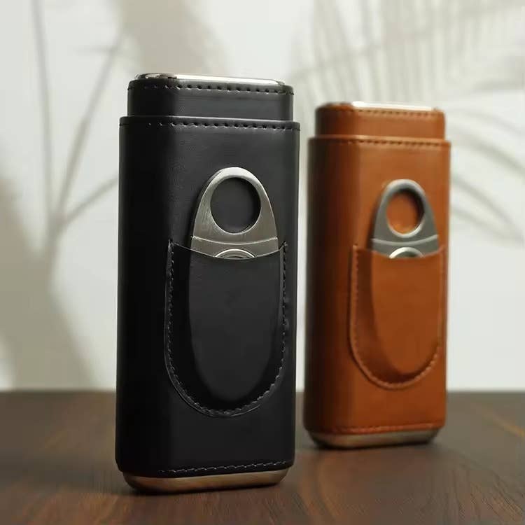 American Leather Goods American Leather Goods - Genuine Leather Cigar Case, Wood Lined Humidor with Cutter: Black