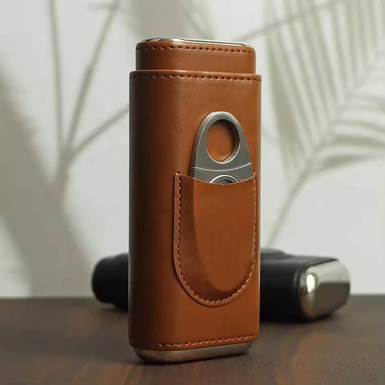 American Leather Goods American Leather Goods - Genuine Leather Cigar Case, Wood Lined Humidor with Cutter: Black