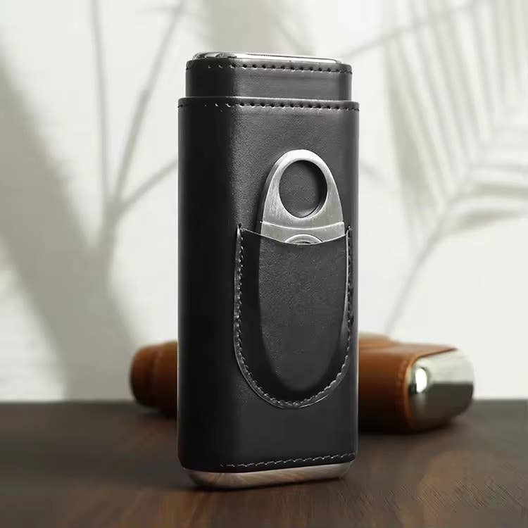 American Leather Goods American Leather Goods - Genuine Leather Cigar Case, Wood Lined Humidor with Cutter: Black