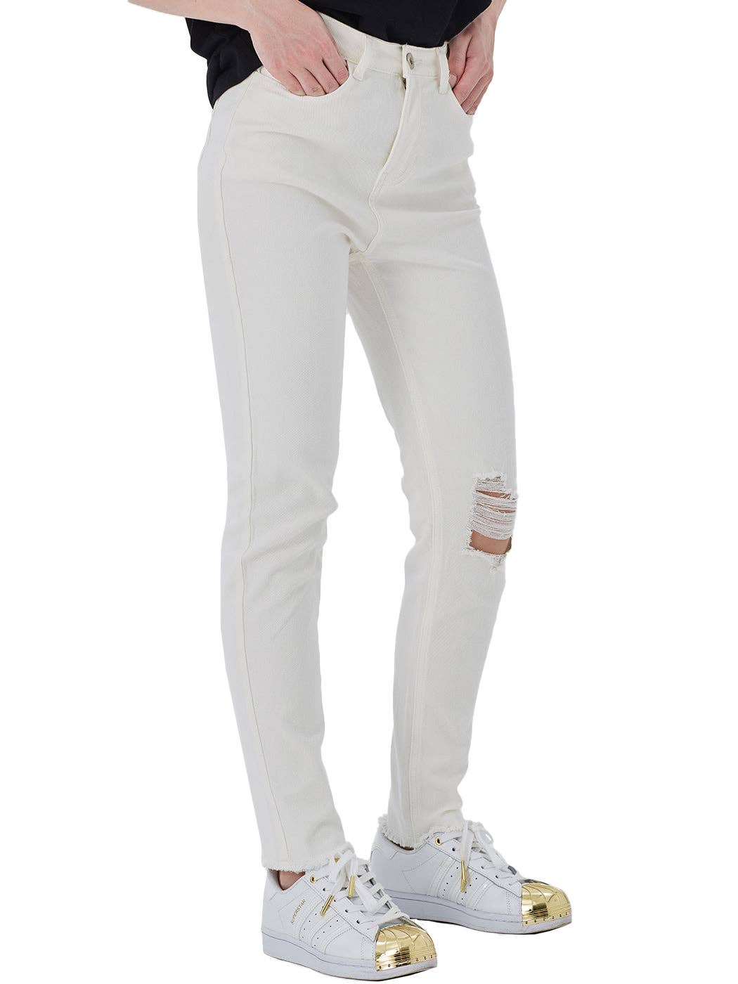 Anna Kaci Wholesale Anna Kaci Wholesale - Stretch Ankle Ripped Denim Pants: Black / Medium 6-8