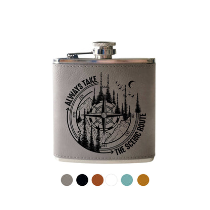 Beckman Design Beckman Design - Flask- Always take the Scenic Route: Leather / Wood Grain