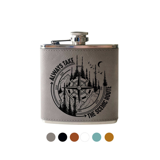 Beckman Design Beckman Design - Flask- Always take the Scenic Route: Leather / Wood Grain