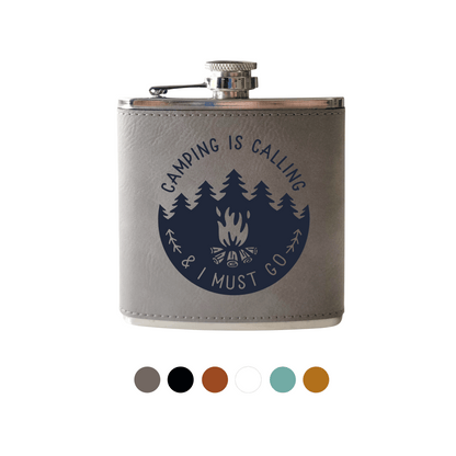 Beckman Design Beckman Design - Flask- Camping is Calling: Leather / Wood Grain