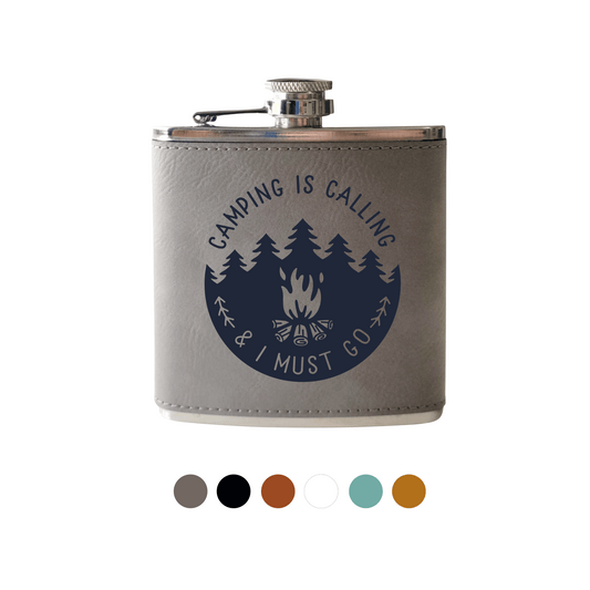 Beckman Design Beckman Design - Flask- Camping is Calling: Leather / Wood Grain