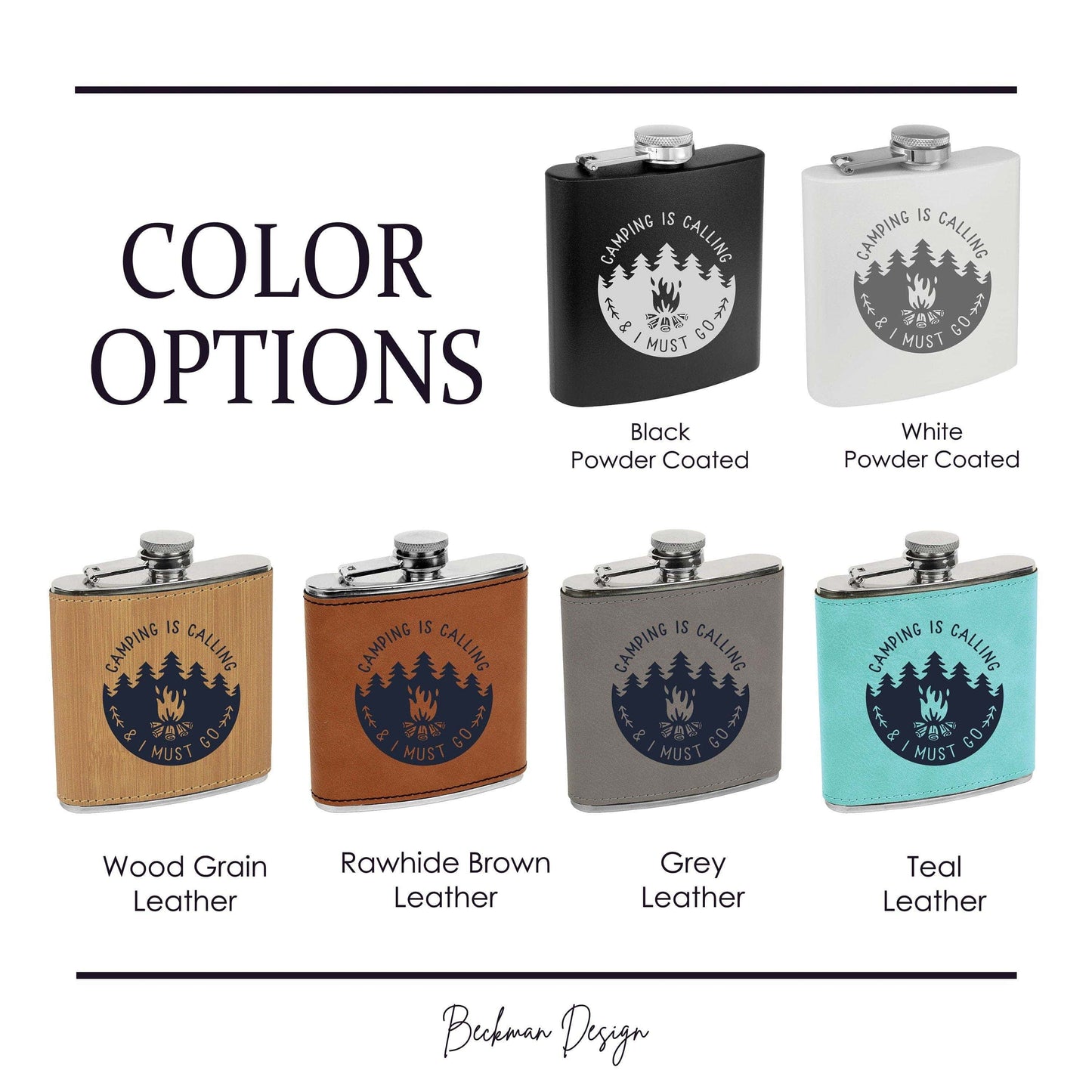 Beckman Design Beckman Design - Flask- Camping is Calling: Leather / Wood Grain