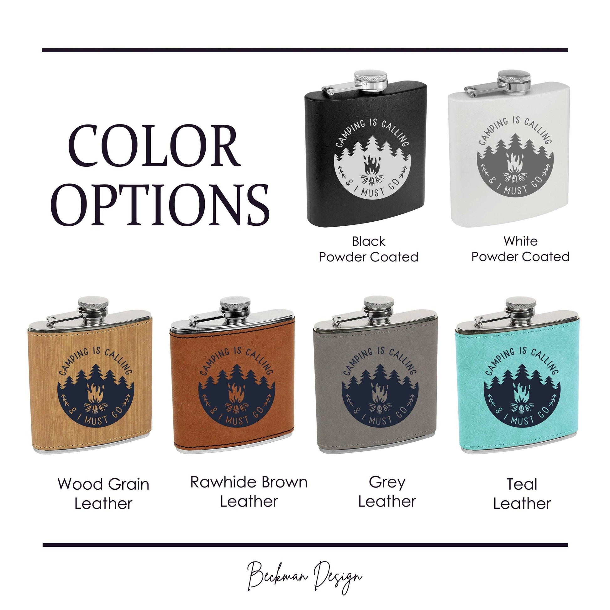 Beckman Design Beckman Design - Flask- Camping is Calling: Leather / Wood Grain