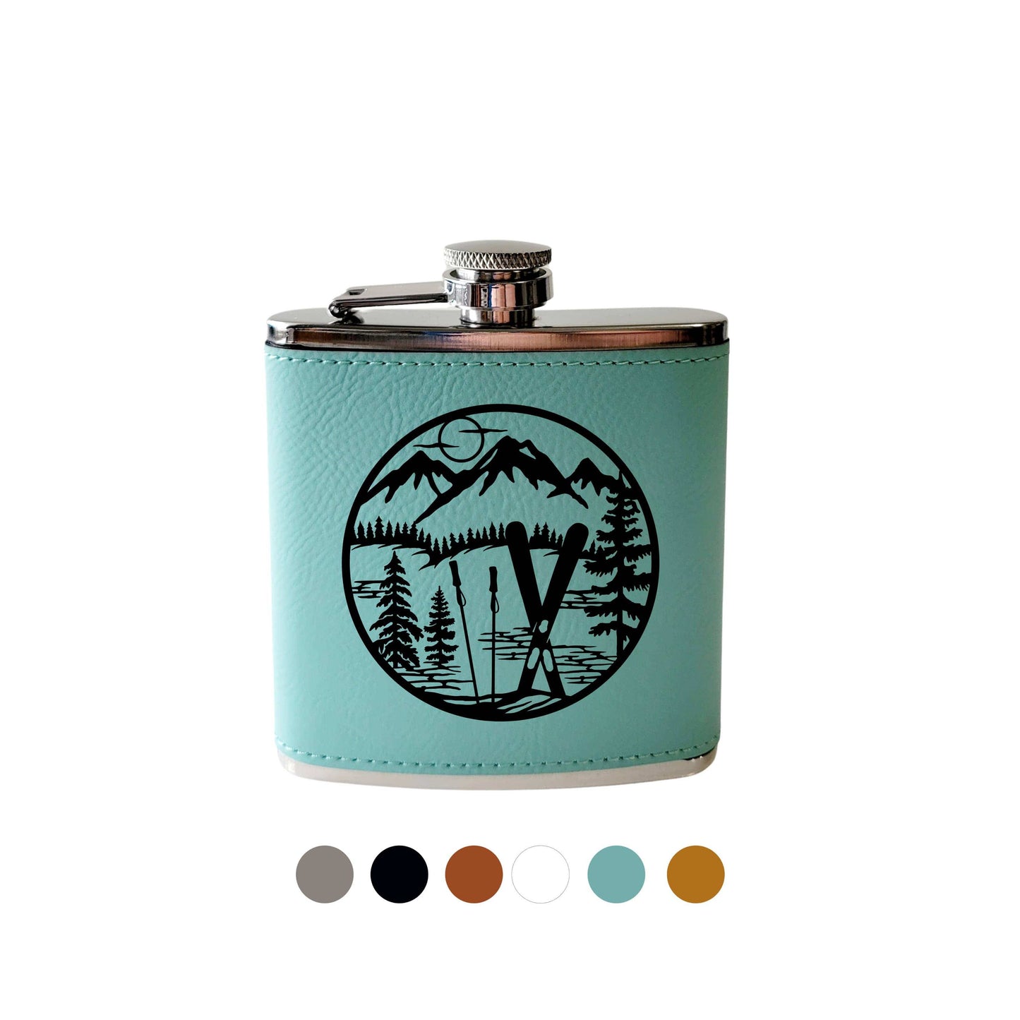 Beckman Design Beckman Design - Flask-  Skiing in the Mountains: Leather / Teal