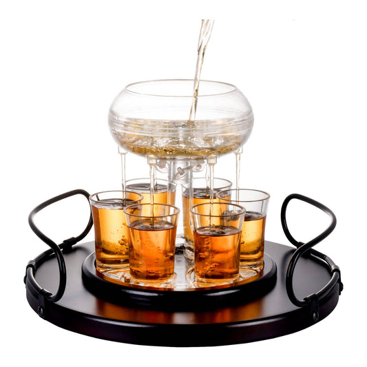 Bezrat Bezrat - 6 Shot Glass Dispenser Gift Set - Mahogany Tray Drinking Set