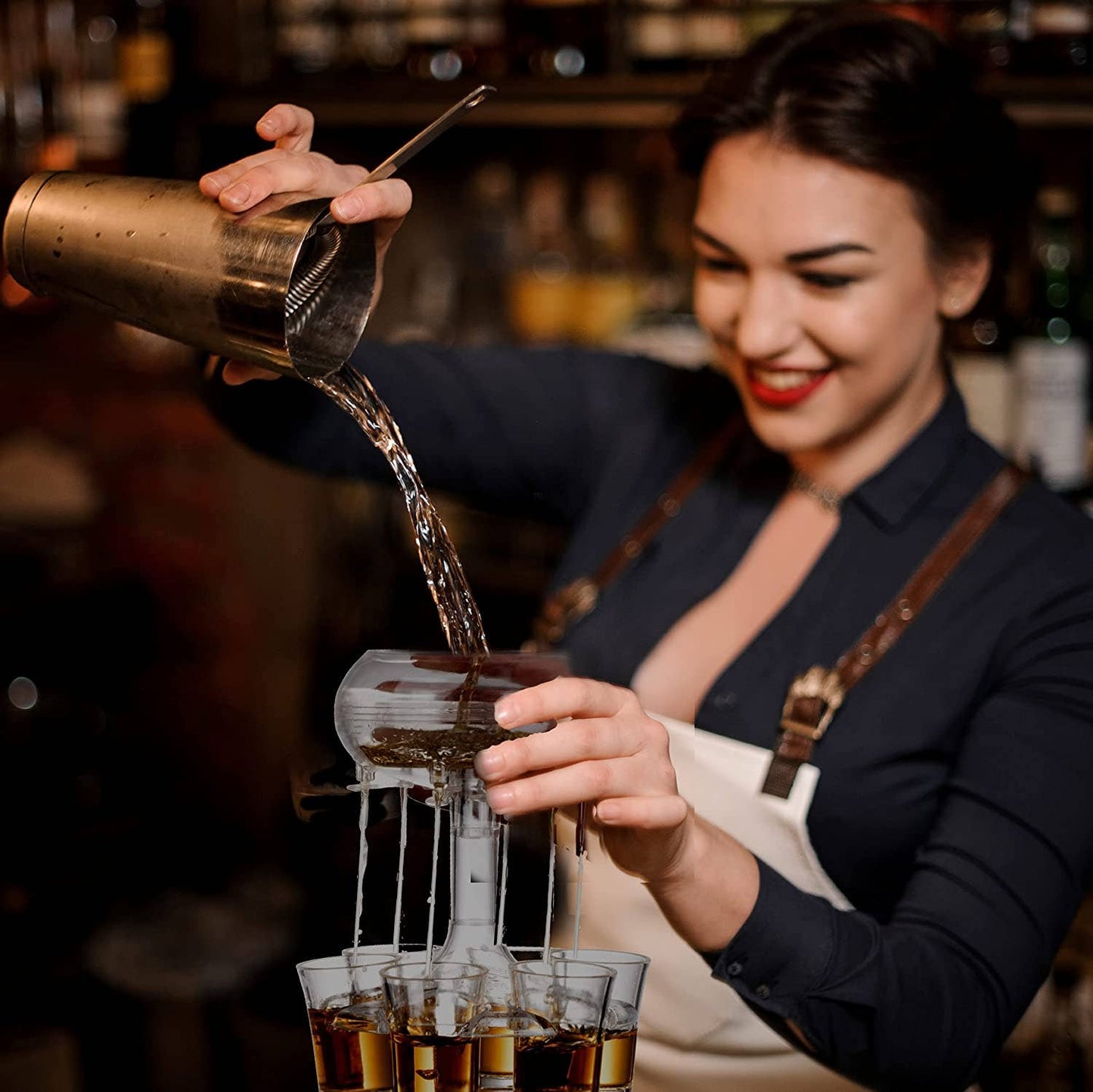 Bezrat Bezrat - 6 Shot Glass Dispenser Gift Set - Mahogany Tray Drinking Set