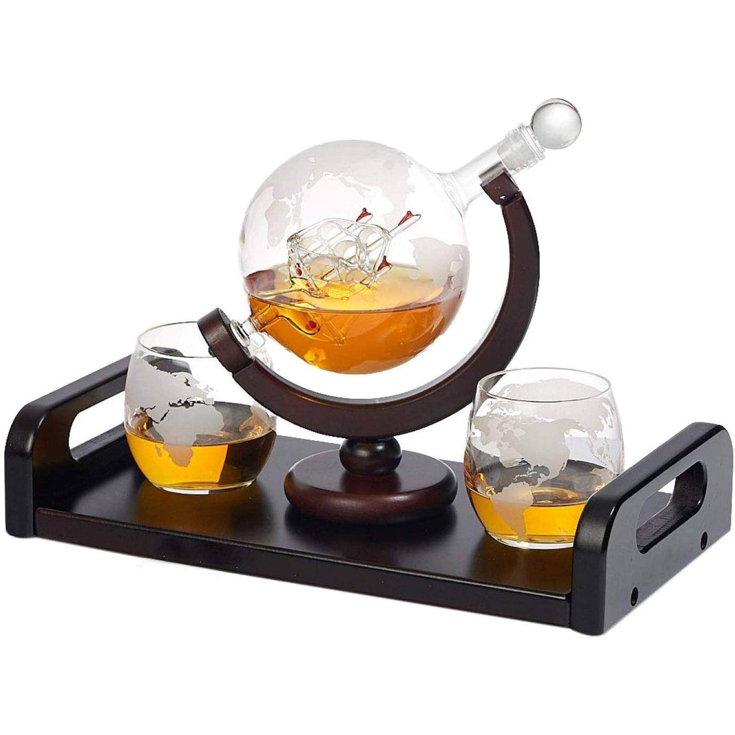 Bezrat Bezrat - Etched Globe Whiskey Decanter + 2 Whiskey Glasses on Rich