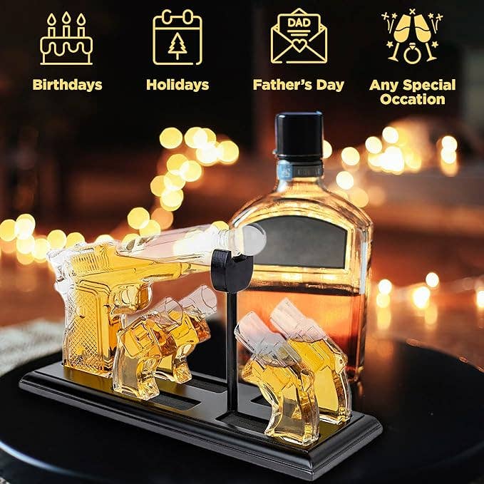 Bezrat Bezrat - Whiskey Gun Decanter &Shot Glasses Gift Set - Mahogany Tray