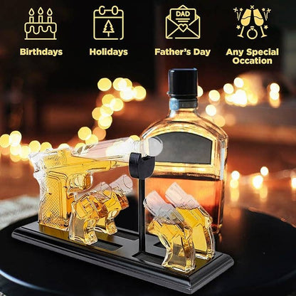 Bezrat Bezrat - Whiskey Gun Decanter &Shot Glasses Gift Set - Mahogany Tray