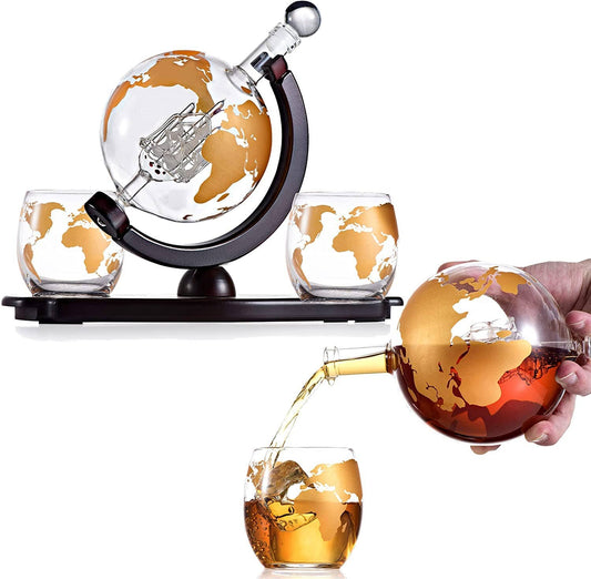 Bezrat Whiskey Decanter Globe Set - 2 10 oz Gold Etched Globe Glass