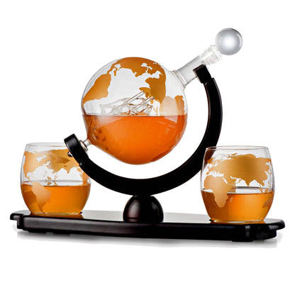 Bezrat Whiskey Decanter Globe Set - 2 10 oz Gold Etched Globe Glass