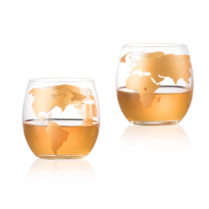 Bezrat Whiskey Decanter Globe Set - 2 10 oz Gold Etched Globe Glass