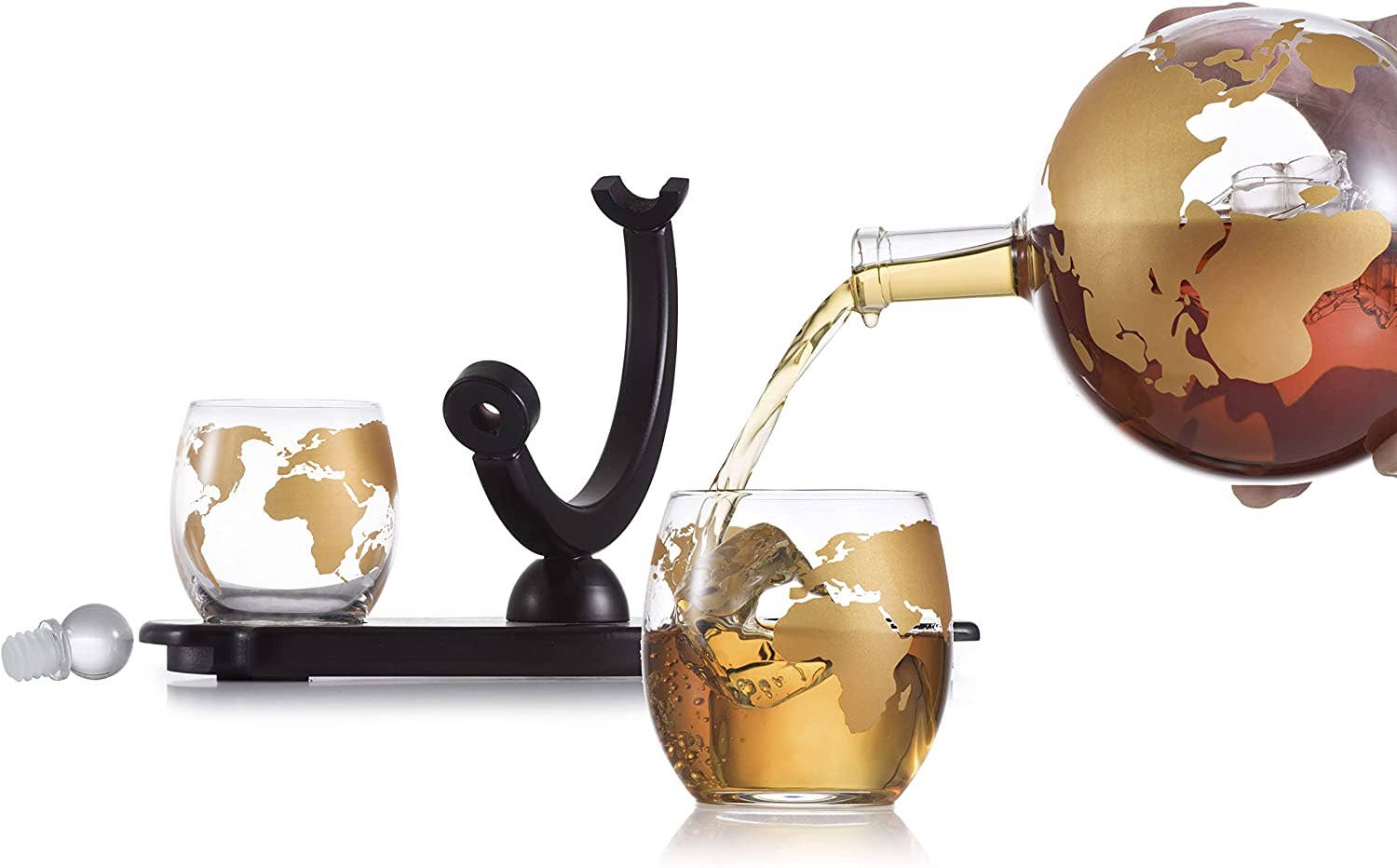 Bezrat Whiskey Decanter Globe Set - 2 10 oz Gold Etched Globe Glass