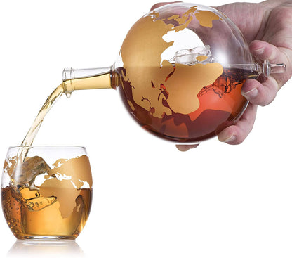 Bezrat Whiskey Decanter Globe Set - 2 10 oz Gold Etched Globe Glass