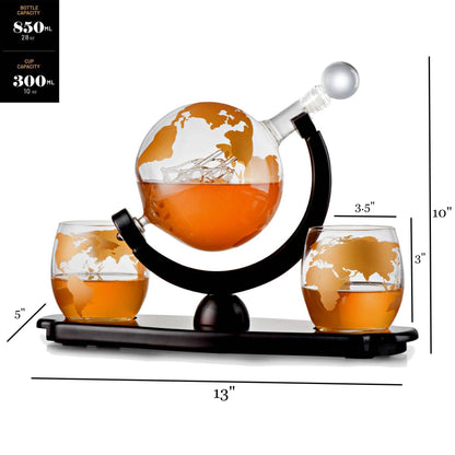 Bezrat Whiskey Decanter Globe Set - 2 10 oz Gold Etched Globe Glass