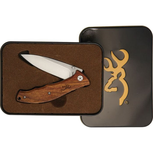 Browning Pocket Knife Wood Linerlock w/Tin