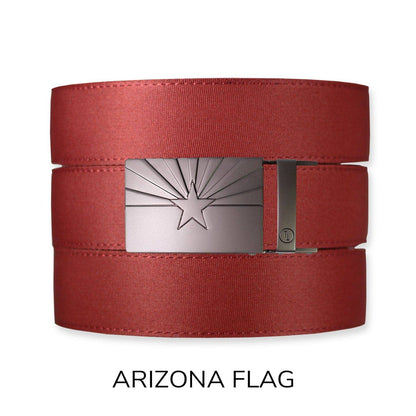 Tough Apparel - Brick Red Canvas+ Ratchet Belt & Buckle Set: American Flag - Gun Metal