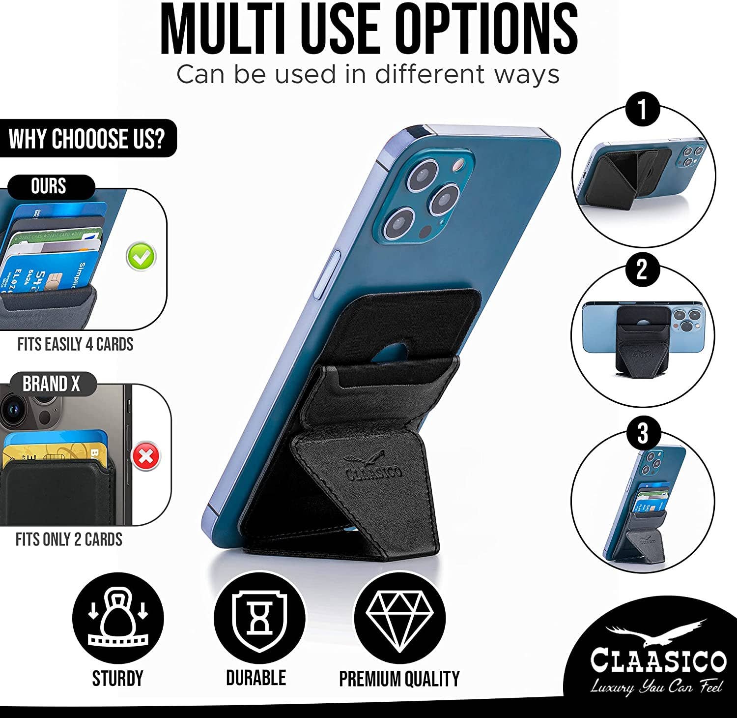 Claasico Claasico - Cell Phone Wallet with Magnetic Phone Stand: Black