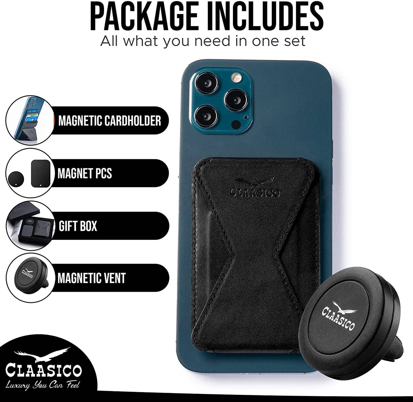 Claasico Claasico - Cell Phone Wallet with Magnetic Phone Stand: Black