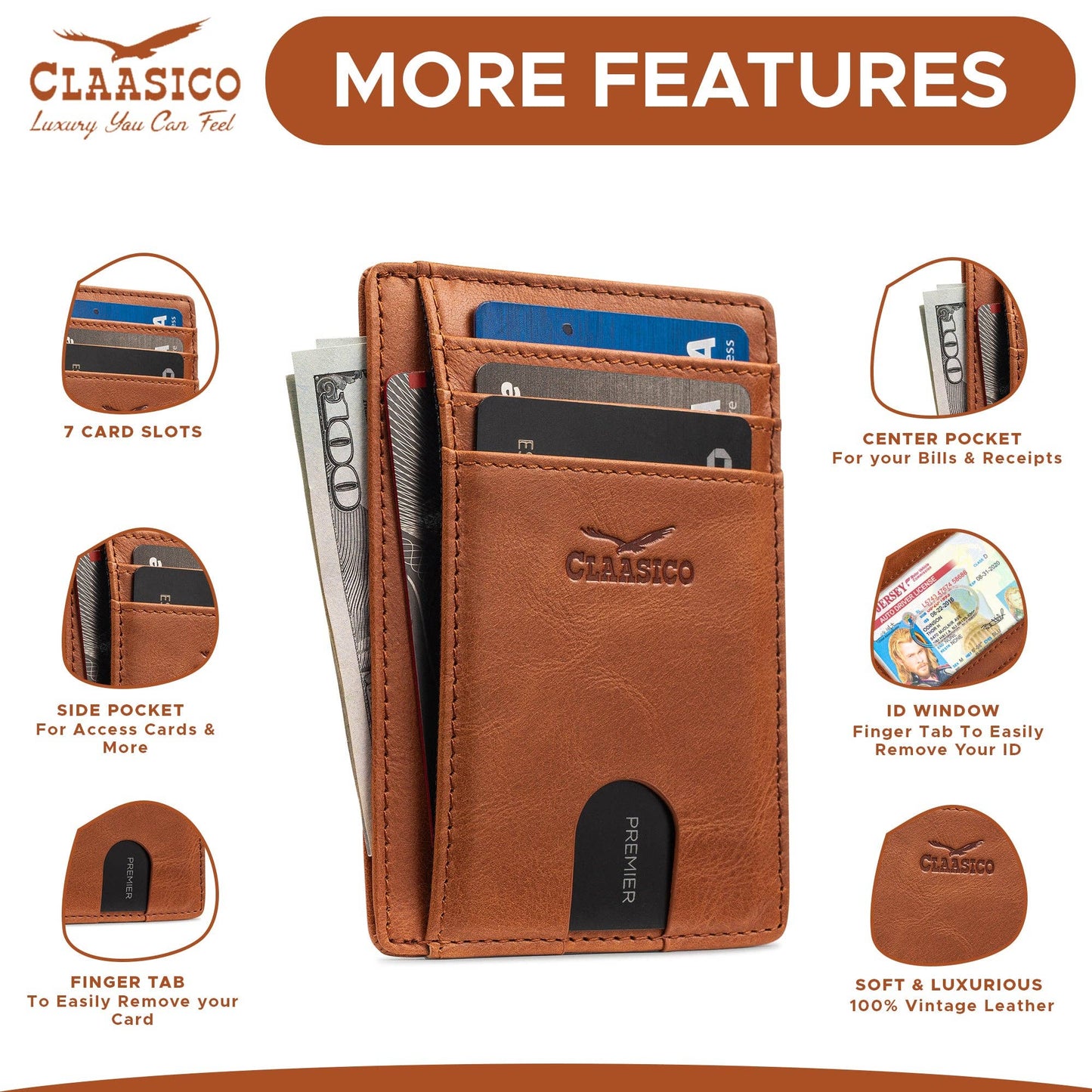 Claasico Claasico - Front Pocket Minimalist Leather card holder Wallet.: Black