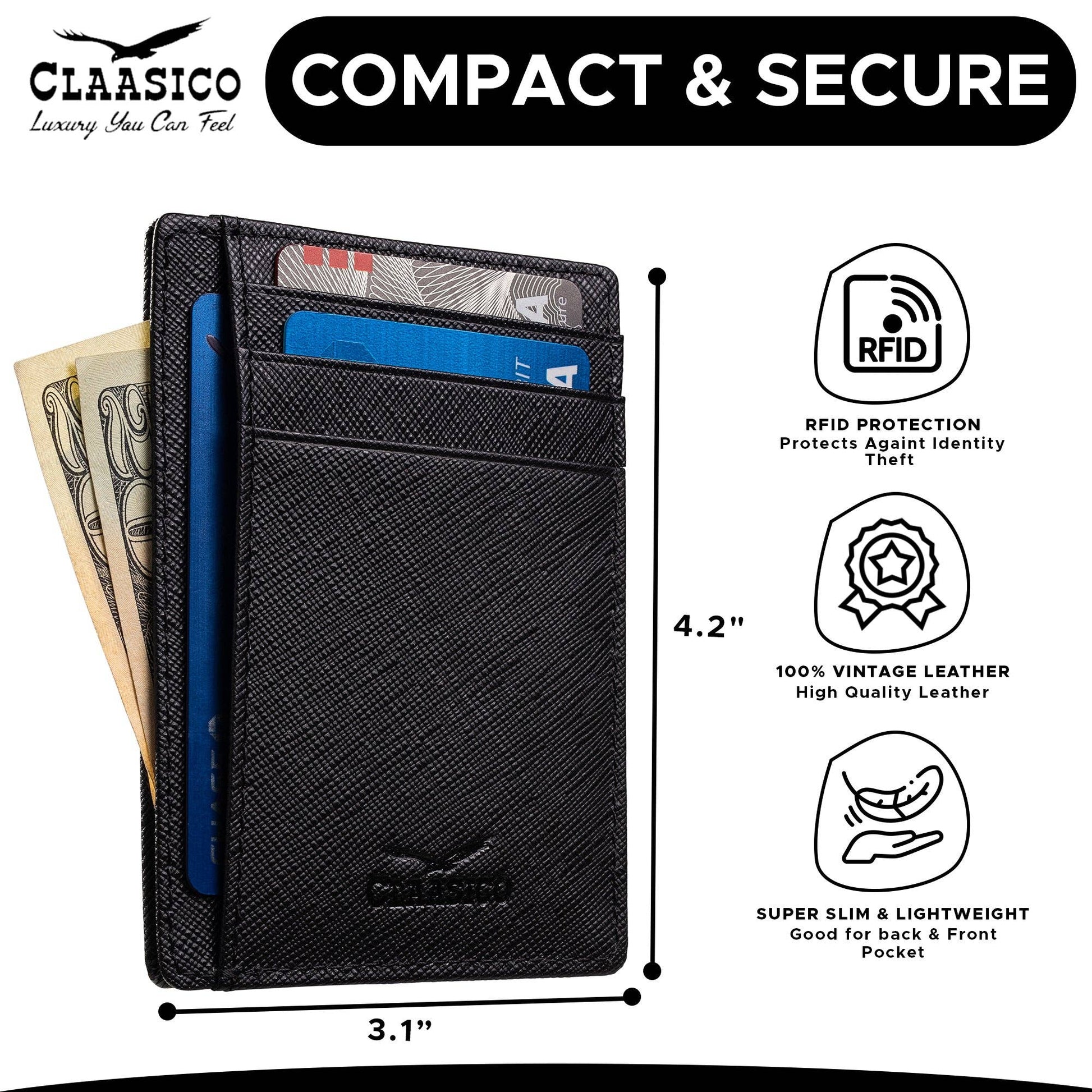 Claasico Claasico - Front Pocket Minimalist Leather card holder Wallet.: Coffee