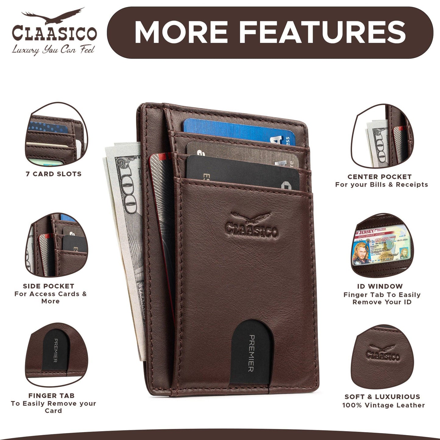 Claasico Claasico - Front Pocket Minimalist Leather card holder Wallet.: Coffee