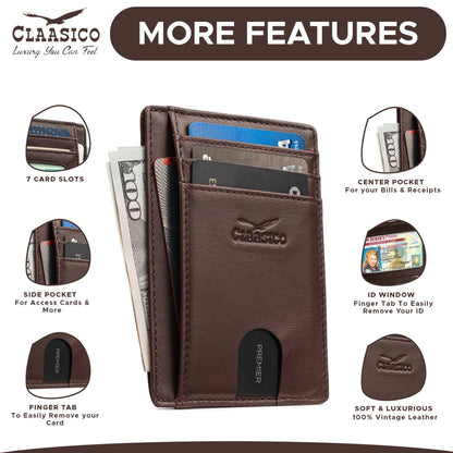 Claasico Claasico - Front Pocket Minimalist Leather card holder Wallet.: Coffee