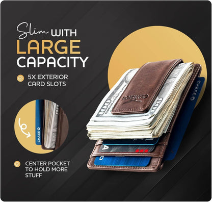 Claasico Claasico - Money Clip Leather Wallet For Men: Black Tumbled Leather