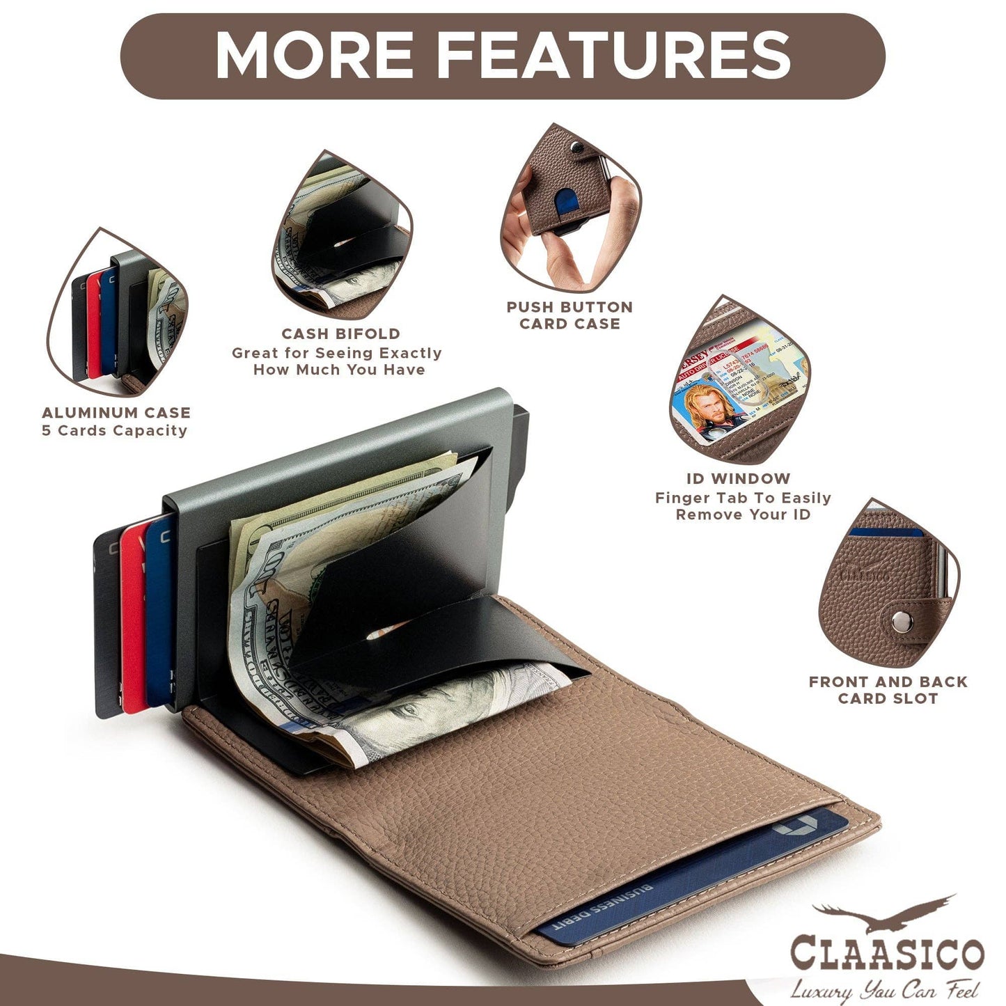 Claasico Claasico - Pop up Bifold Leather wallet: Brown Smooth