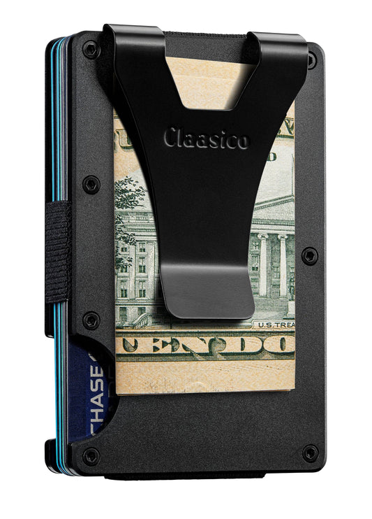 Claasico Claasico - Slim Metal Wallet & Money Clip - Card Holder, Expandable Elastic Strap Compatible with Apple Airtag: Black