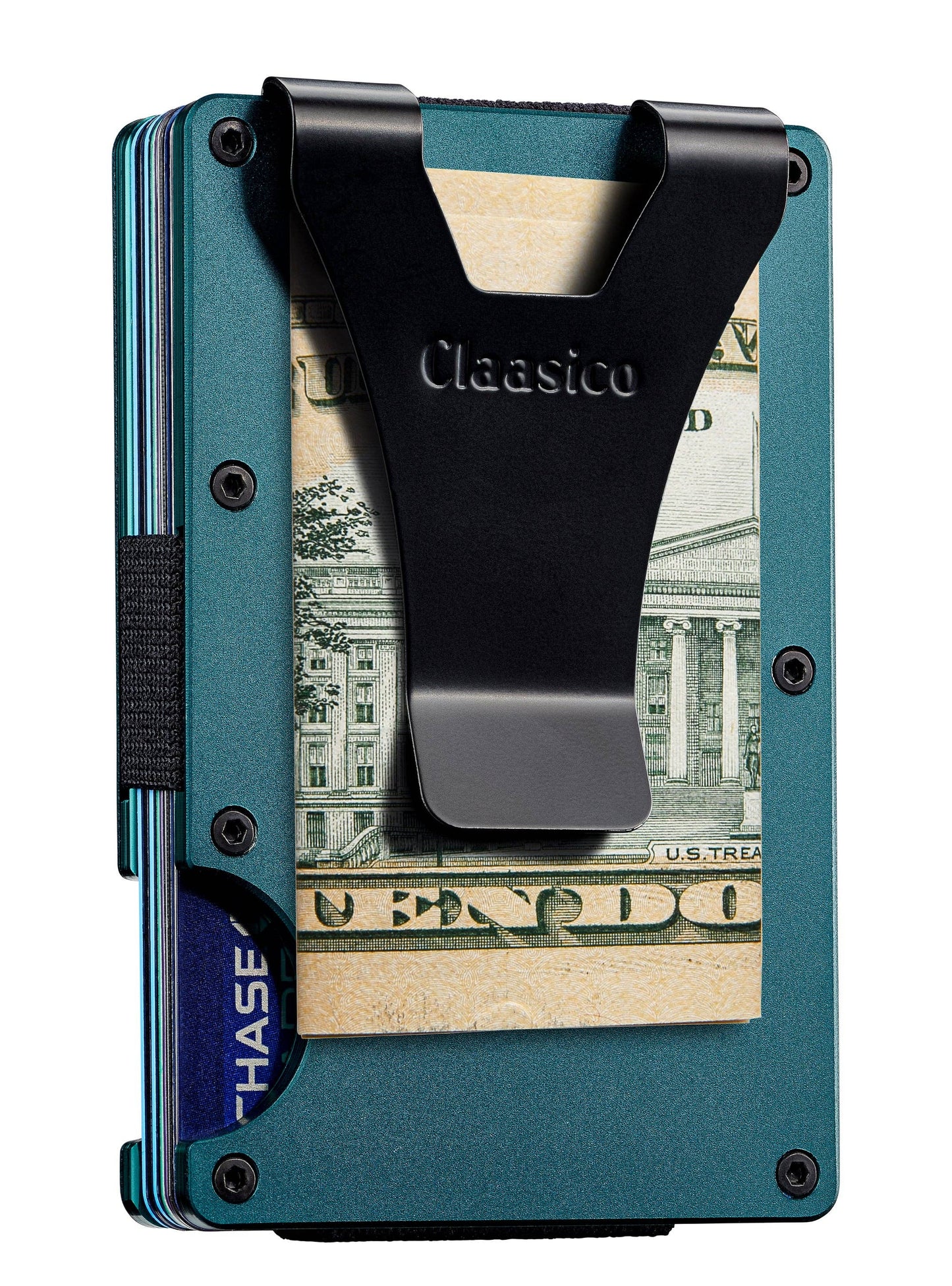 Claasico Claasico - Slim Metal Wallet & Money Clip - Card Holder, Expandable Elastic Strap Compatible with Apple Airtag: Brown
