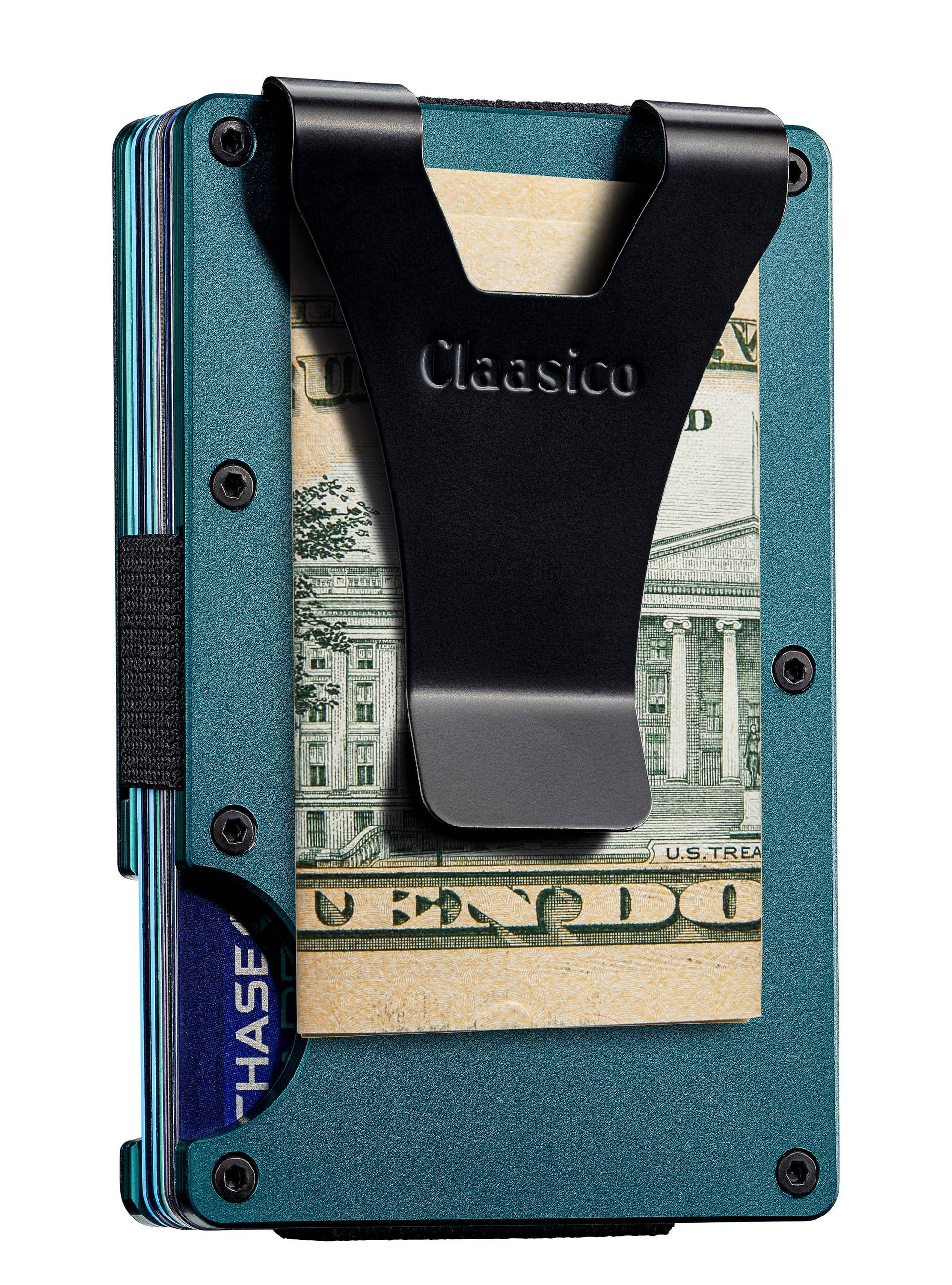 Claasico Claasico - Slim Metal Wallet & Money Clip - Card Holder, Expandable Elastic Strap Compatible with Apple Airtag: Brown