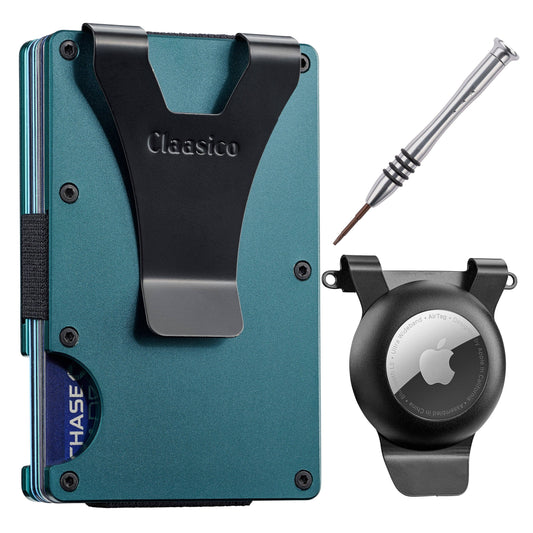 Claasico Claasico - Slim Metal Wallet & Money Clip - Card Holder, Expandable Elastic Strap Compatible with Apple Airtag: Green