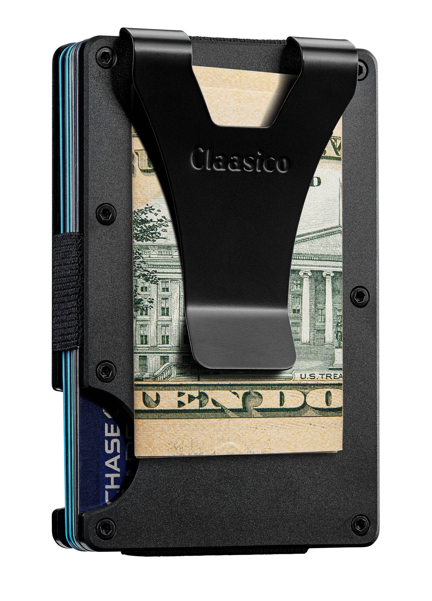Claasico Claasico - Slim Metal Wallet & Money Clip - Card Holder, Expandable Elastic Strap Compatible with Apple Airtag: Grey